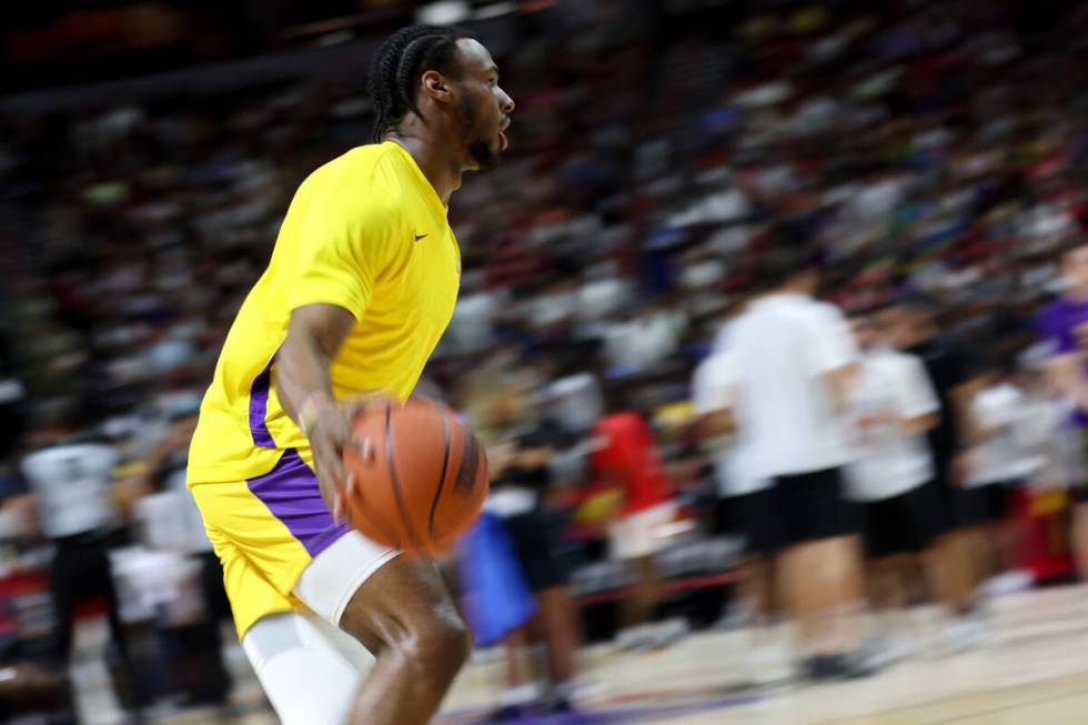 Los Angeles Lakers guard Bronny James Jr. warms up before an NBA summer league basketball game ...