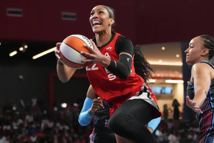 Aces forward A'ja Wilson drives for a layup against the Atlanta Dream on Friday, July 12, 2024, ...