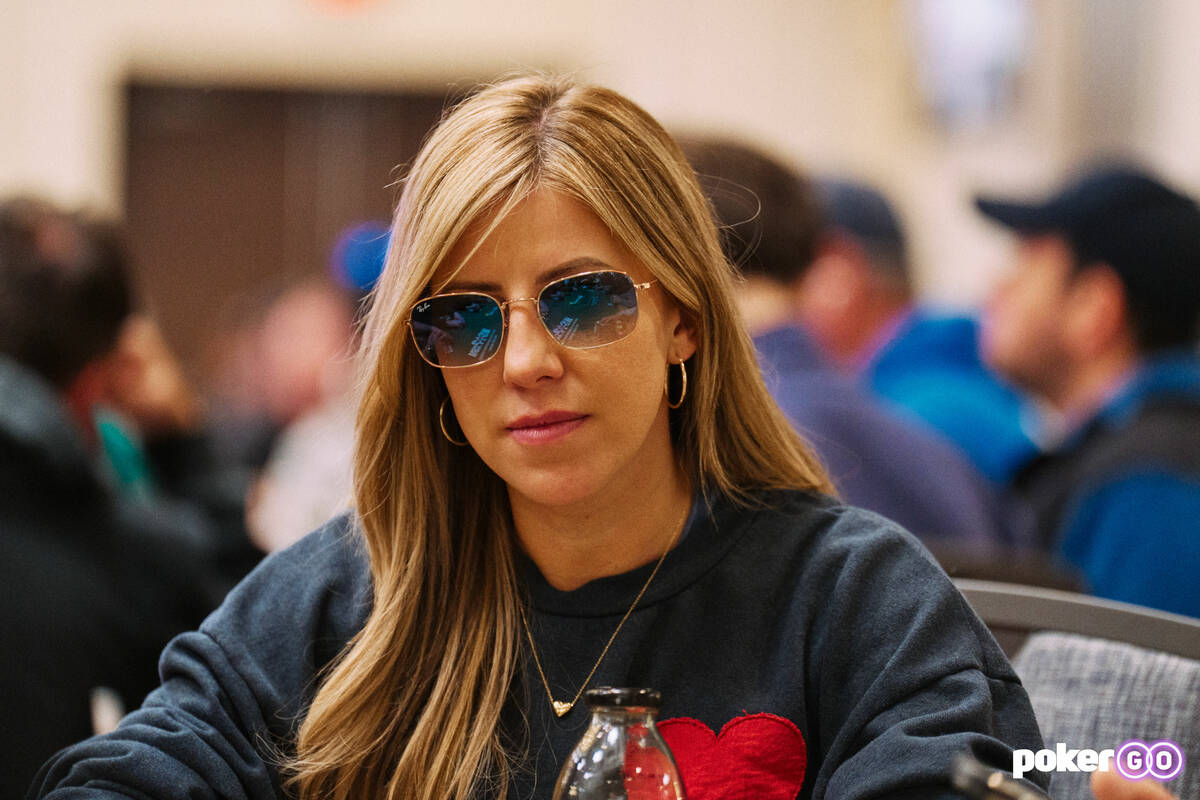 Kristen Foxen plays on Day 3 of the $10,000 buy-in World Series of Poker Main Event on Tuesday, ...