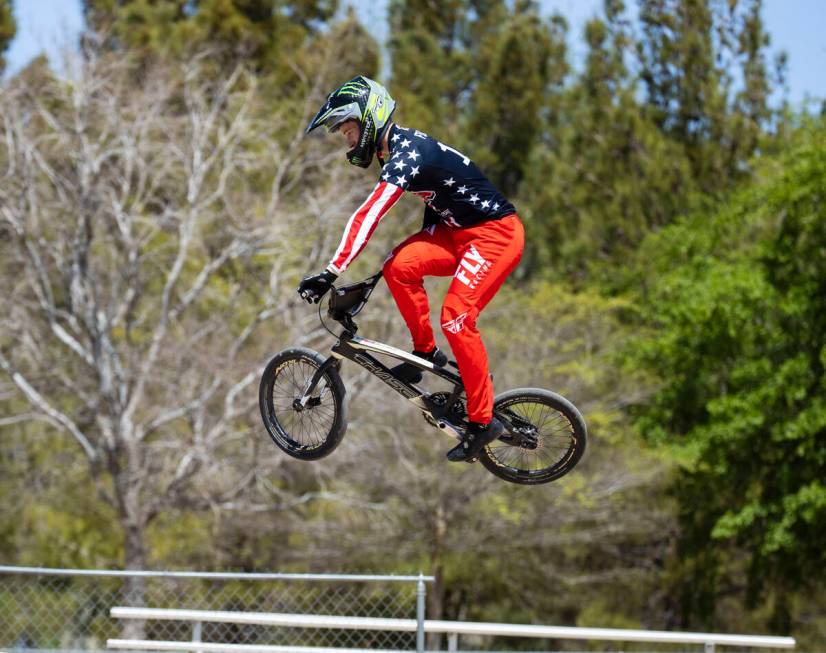 Connor Fields, professional BMX racer, trains at Boulder City BMX track, on Tuesday, March. 30, ...