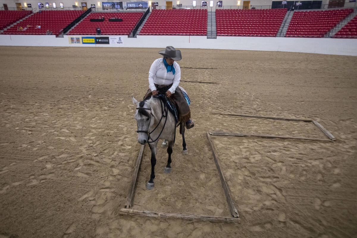 Amber Espinoza, of Snowflake, Arizona, competes during the Mustang Challenge at South Point Are ...