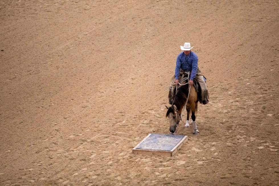Joseph Misner, of Missoula, Montana, competes during the Mustang Challenge at South Point Arena ...