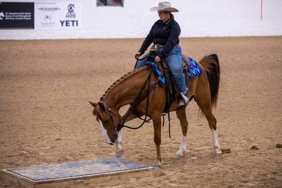Katrina Geigley, of Mishawaka, Indiana, competes during the Mustang Challenge at South Point Ar ...