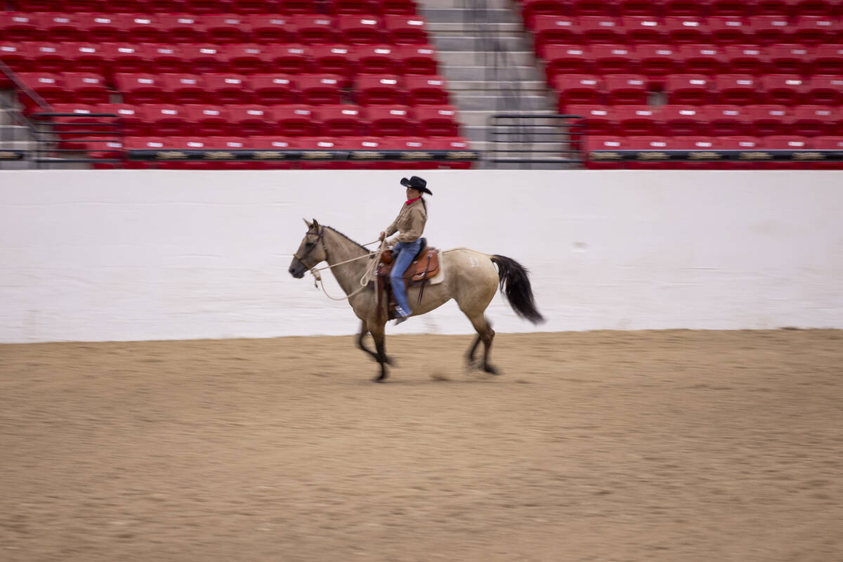 Avery Figgins, of Oroville, California, competes during the Mustang Challenge at South Point Ar ...