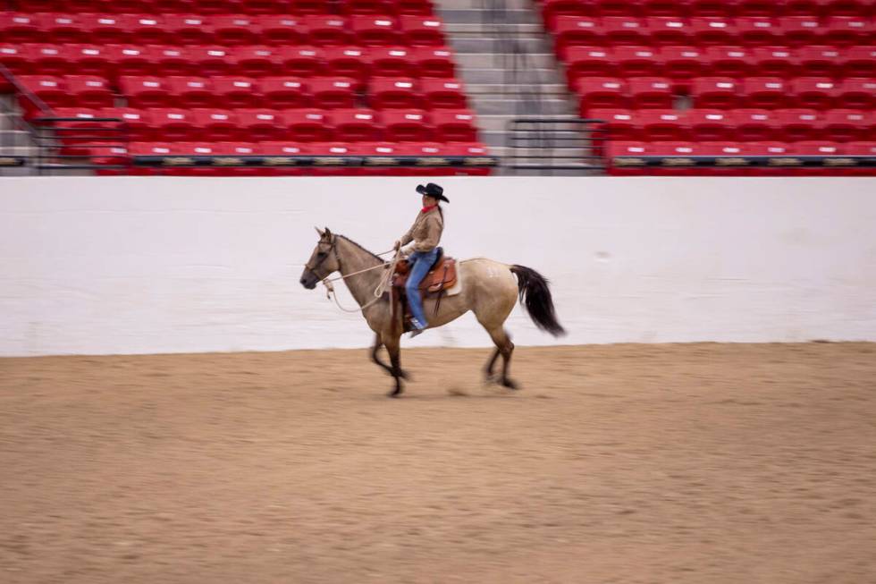 Avery Figgins, of Oroville, California, competes during the Mustang Challenge at South Point Ar ...