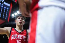 Houston Rockets guard Reed Sheppard (15) guards a Washington Wizards player during an NBA Summe ...
