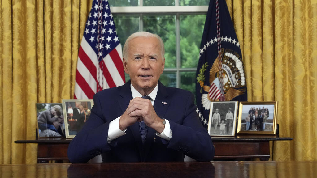 President Joe Biden addresses the nation from the Oval Office of the White House in Washington, ...