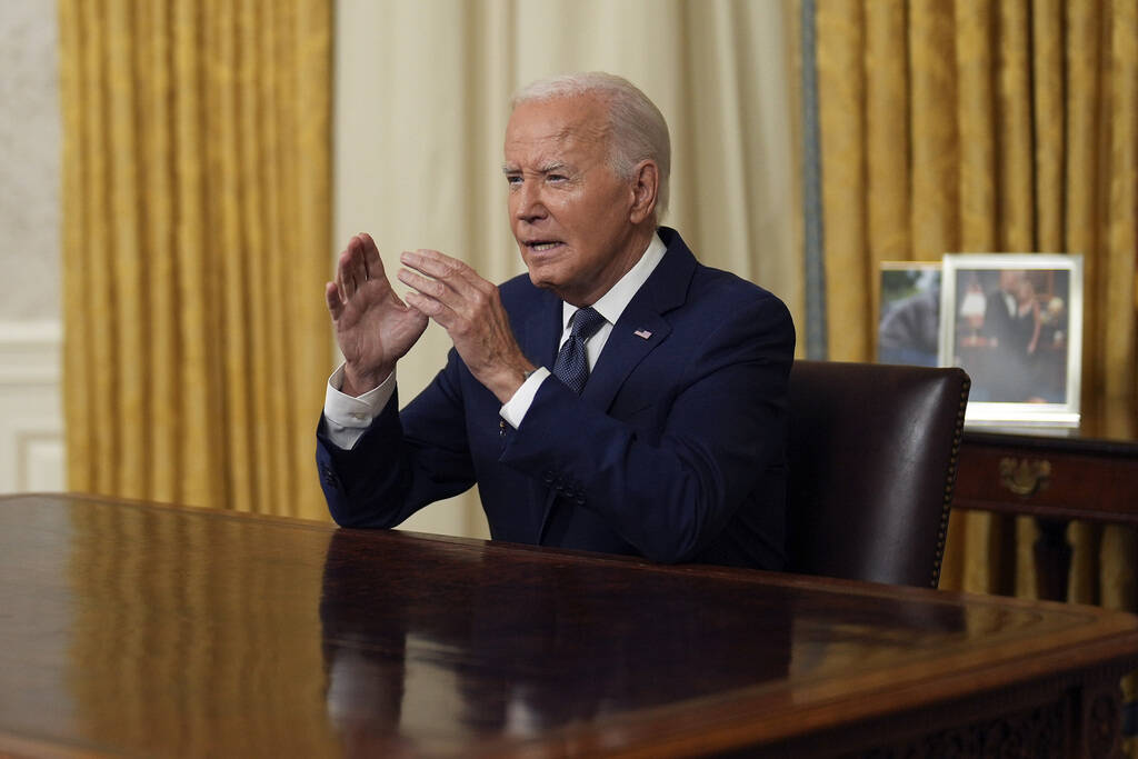 President Joe Biden addresses the nation from the Oval Office of the White House in Washington, ...