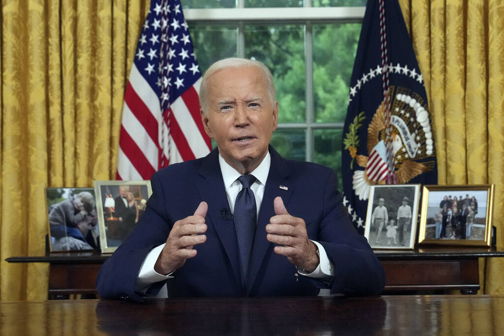 President Joe Biden addresses the nation from the Oval Office of the White House in Washington, ...