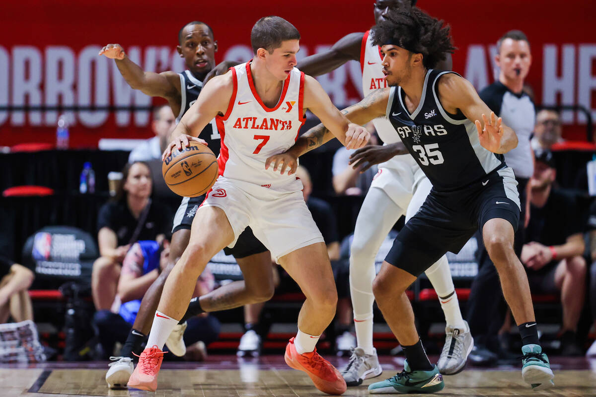 Atlanta Hawks forward/guard Nikola Durisic (7) dribbles the ball away from San Antonio Spurs gu ...