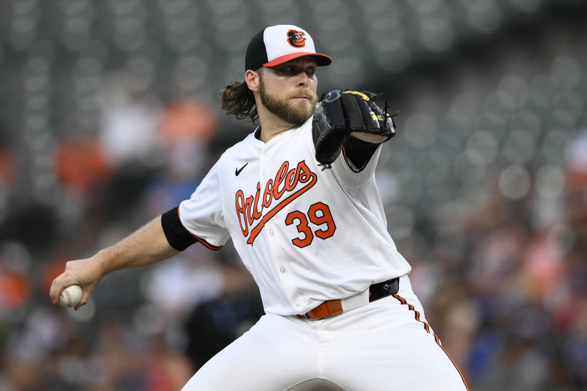 Baltimore Orioles starting pitcher Corbin Burnes (39) in action during a baseball game against ...