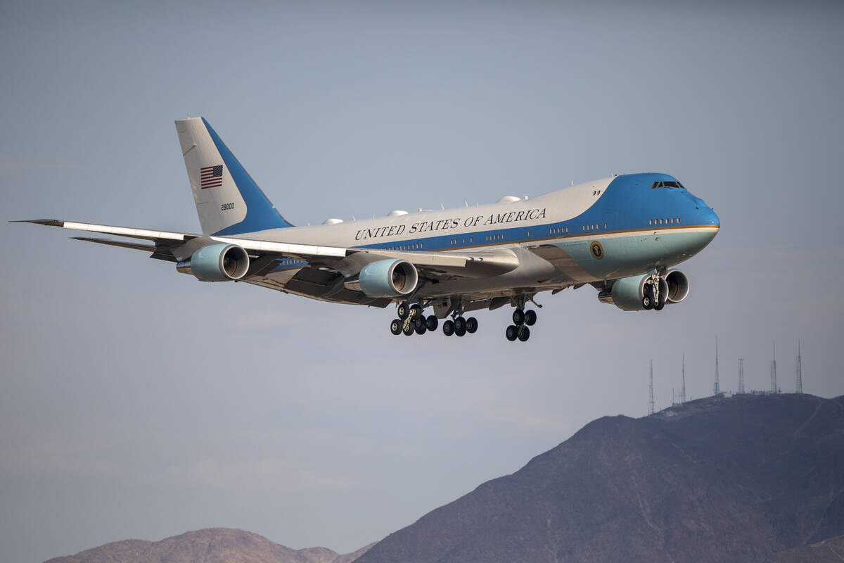 Air Force One prepares to land at Harry Reid International Airport, Monday, July 15, 2024, in L ...