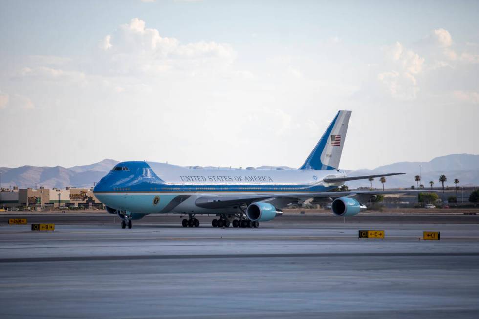 Air Force One drives on the tarmac at Harry Reid International Airport, Monday, July 15, 2024, ...