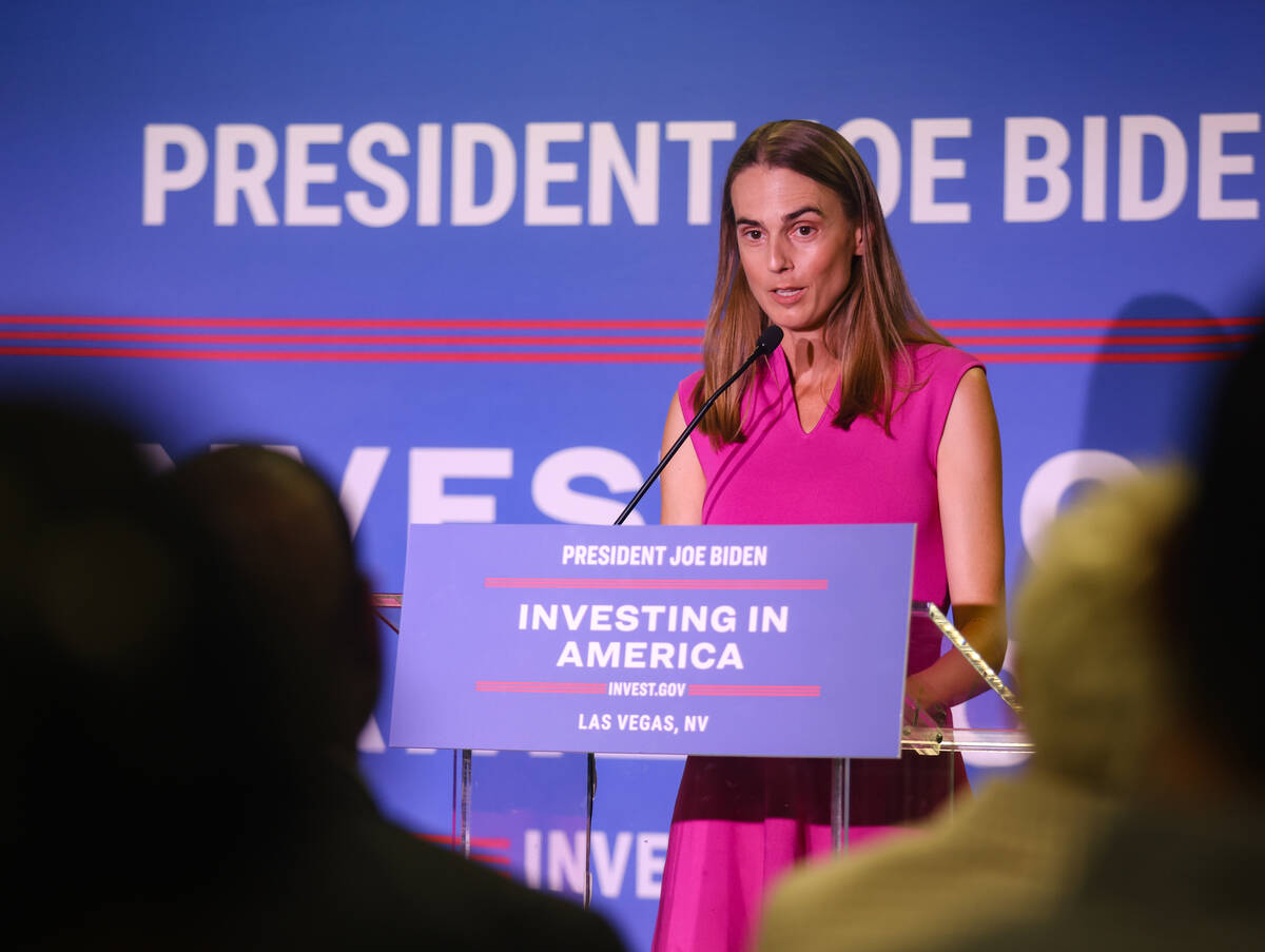 Kirsten Stasio, CEO of the nonprofit Nevada Clean Energy Fund, addresses the crowd at a news co ...