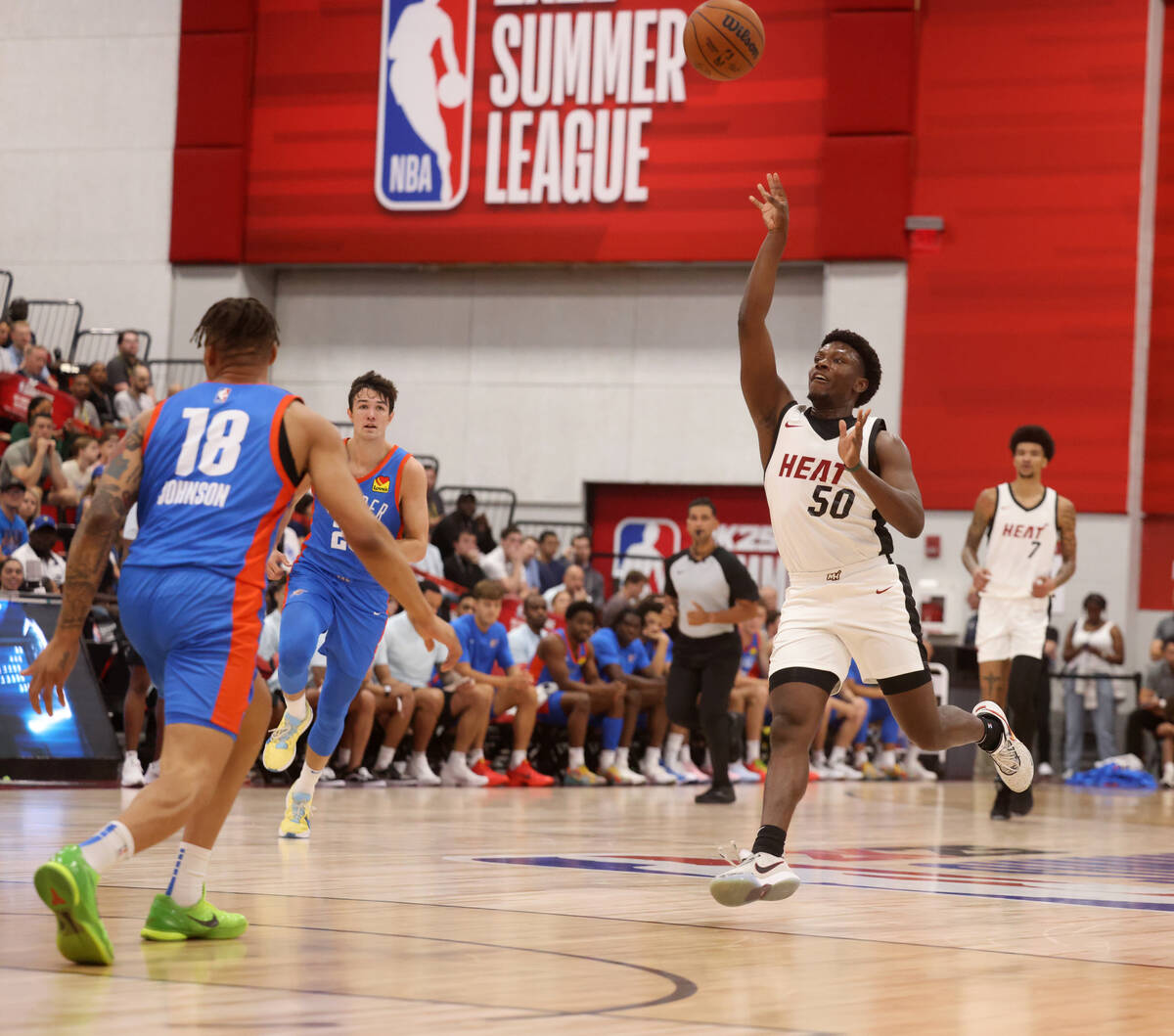 Miami Heat guard Isaiah Stevens (50) passes the ball during an NBA Summer League basketball gam ...