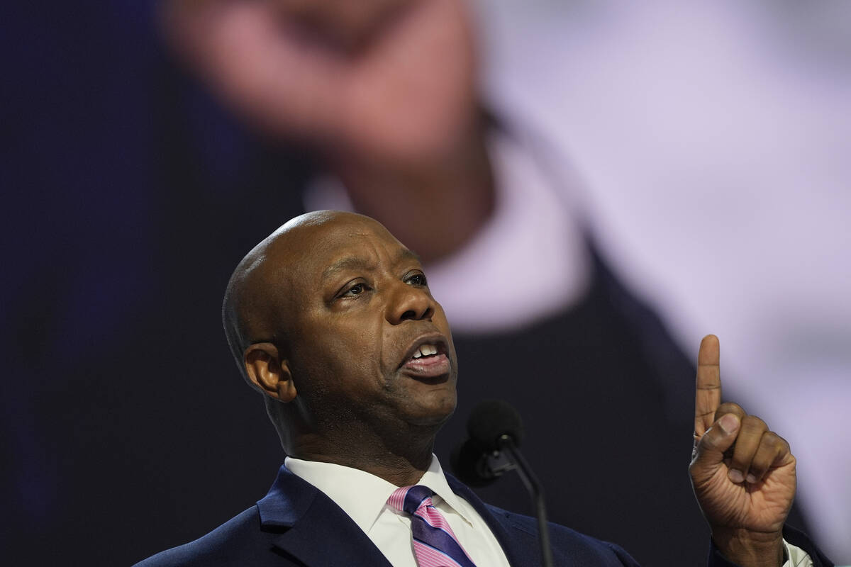 Sen. Tim Scott, R-SC, speaks during the Republican National Convention Monday, July 15, 2024, i ...