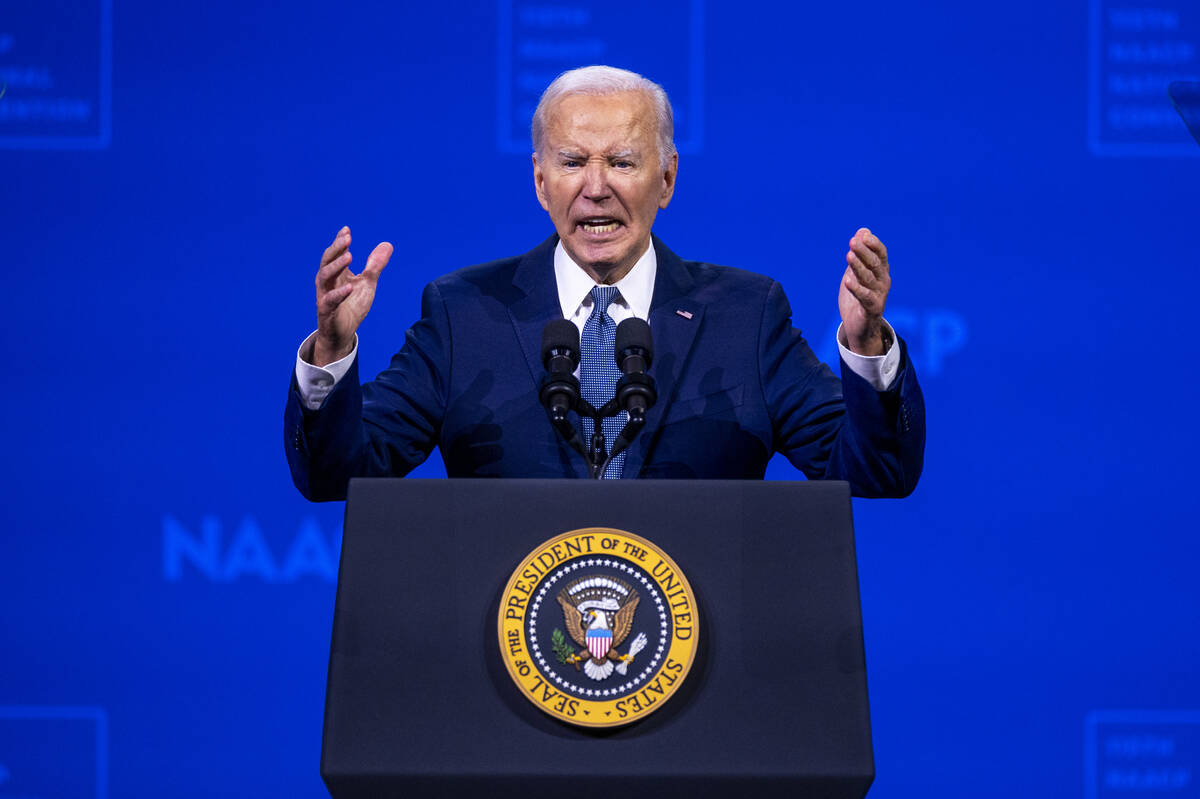 President Joe Biden speaks during the 115th NAACP National Convention at the Mandalay Bay on Tu ...