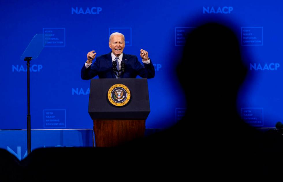 President Joe Biden speaks during the 115th NAACP National Convention at the Mandalay Bay on Tu ...