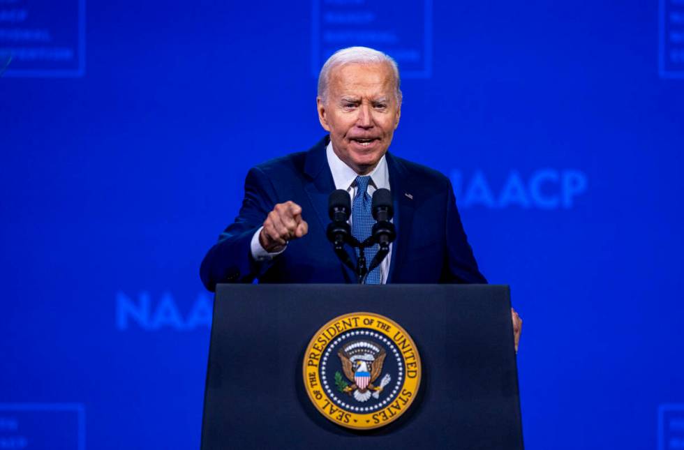 President Joe Biden speaks during the 115th NAACP National Convention at the Mandalay Bay on Tu ...
