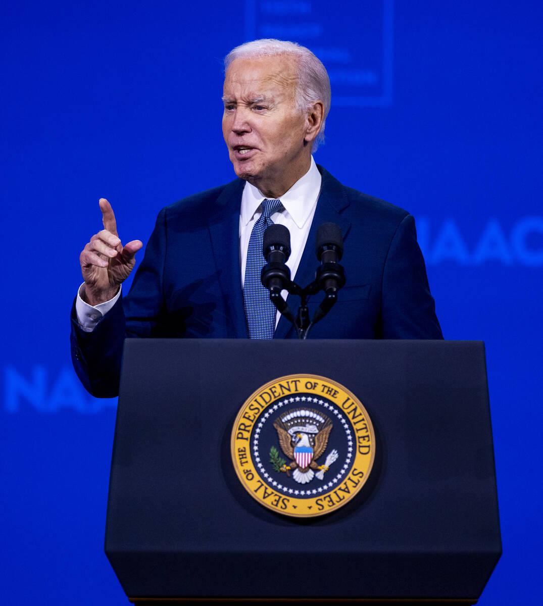 President Joe Biden speaks during the 115th NAACP National Convention at the Mandalay Bay on Tu ...