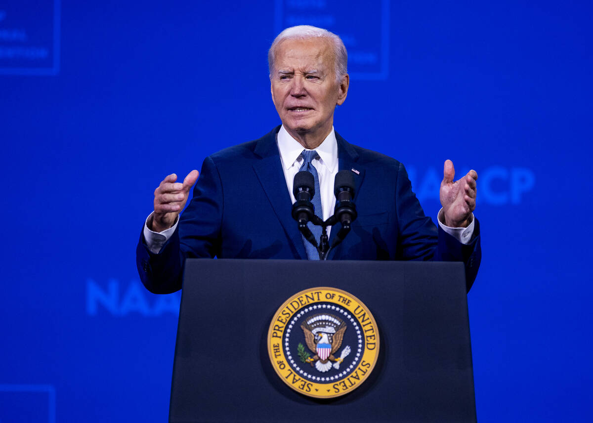 President Joe Biden speaks during the 115th NAACP National Convention at the Mandalay Bay on Tu ...