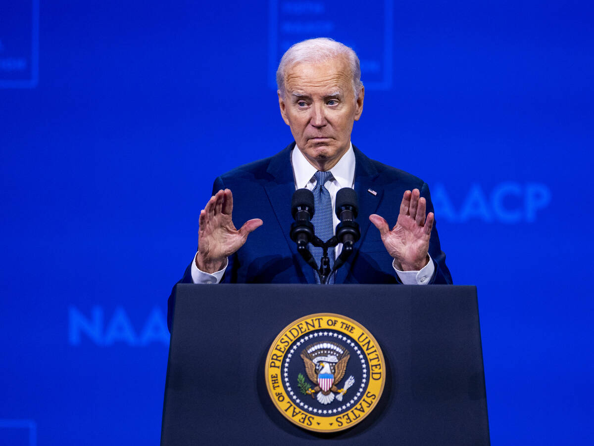 President Joe Biden speaks during the 115th NAACP National Convention at the Mandalay Bay on Tu ...