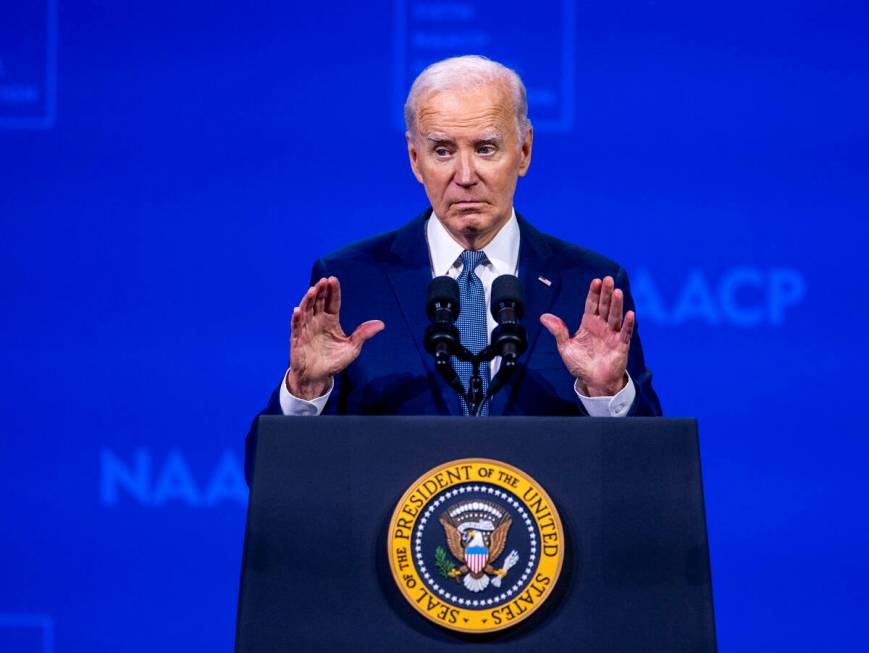 President Joe Biden speaks during the 115th NAACP National Convention at the Mandalay Bay on Tu ...