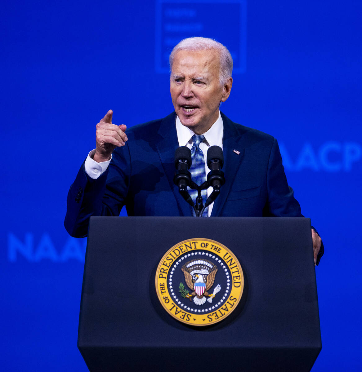 President Joe Biden speaks during the 115th NAACP National Convention at the Mandalay Bay on Tu ...