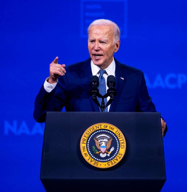 President Joe Biden speaks during the 115th NAACP National Convention at the Mandalay Bay on Tu ...