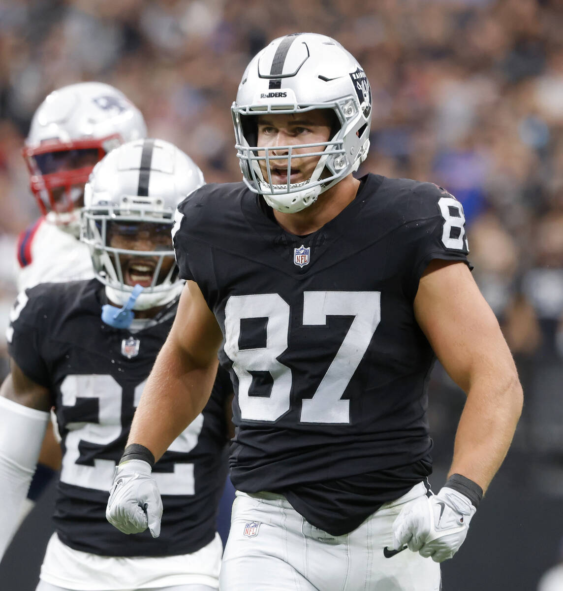 Raiders tight end Michael Mayer (87) reacts after gaining yards against New England Patriots du ...