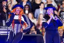 Salt-N-Pepa, featuring DJ Spinderella, performers during a rally at Cox Pavilion hosted by Demo ...