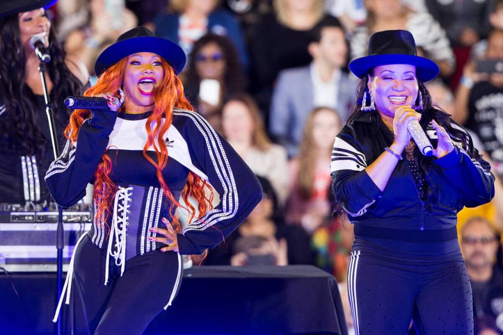Sandra "Pepa" Denton, left, and Cheryl “Salt” James perform as Salt-N-Pepa during a rally h ...