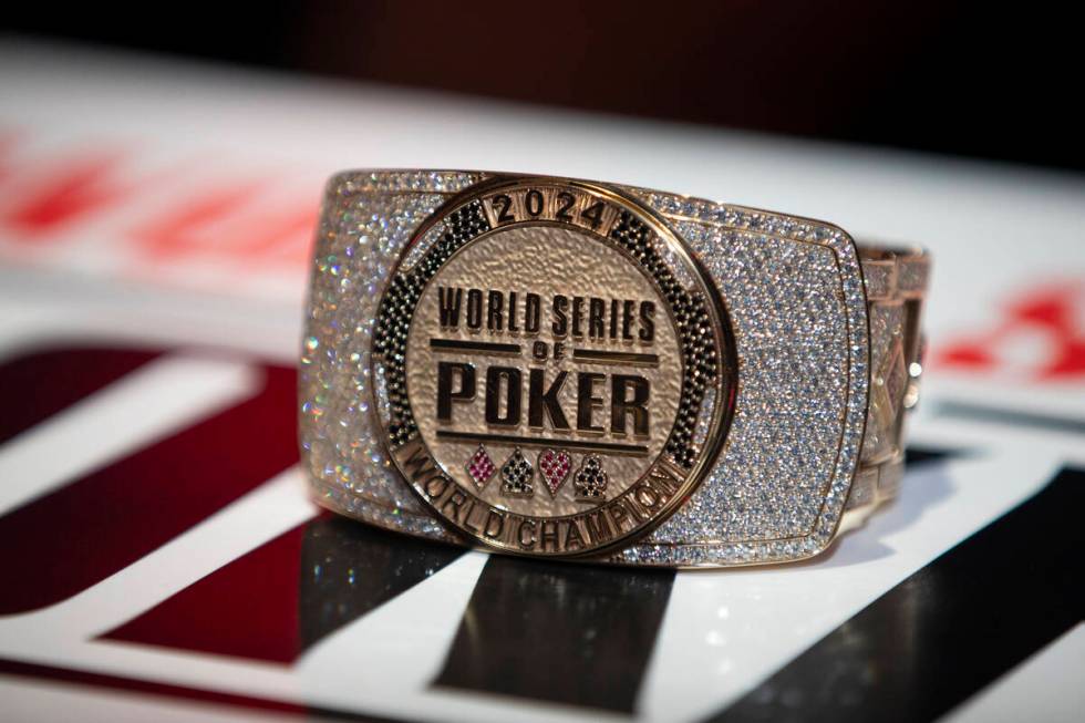 The World Series of Poker bracelet sits on a pedestal during the Main Event at Horseshoe, Tuesd ...
