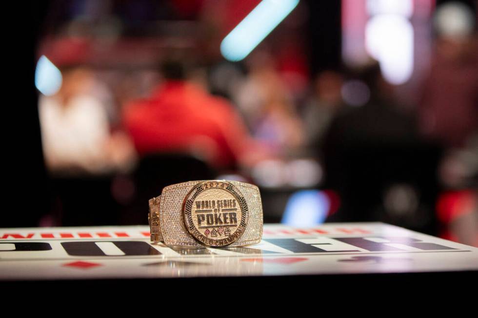 The World Series of Poker bracelet sits on a pedestal during the Main Event at Horseshoe, Tuesd ...