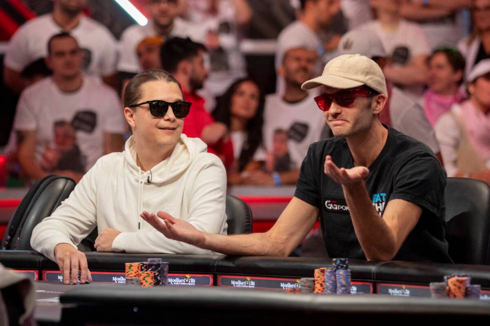 Niklas Astedt, left, and Joe Serock, right, compete in the final table of the World Series of P ...