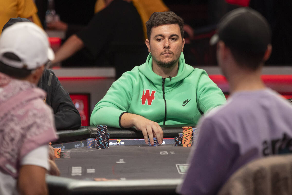 Andres Gonzalez competes in the final table of the World Series of Poker Main Event at Horsesho ...