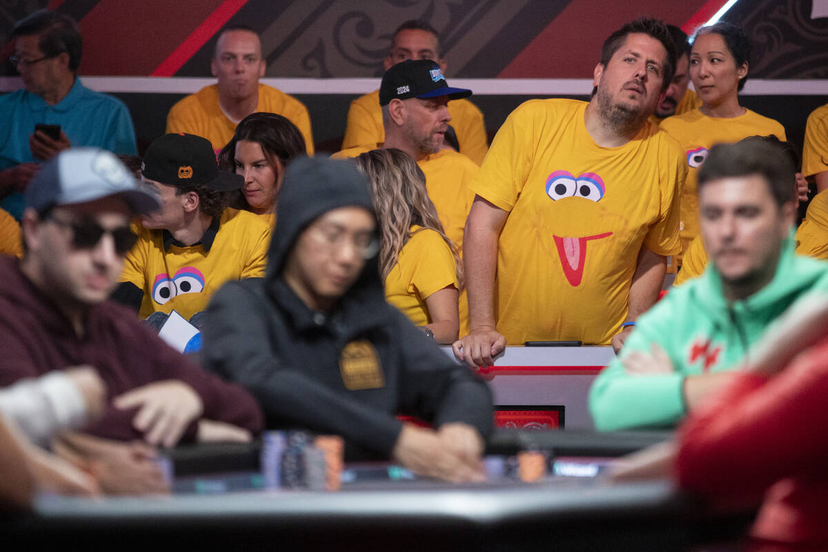 Jason Sagle’s family and friends watch the final table of the World Series of Poker Main ...