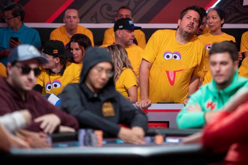 Jason Sagle’s family and friends watch the final table of the World Series of Poker Main ...