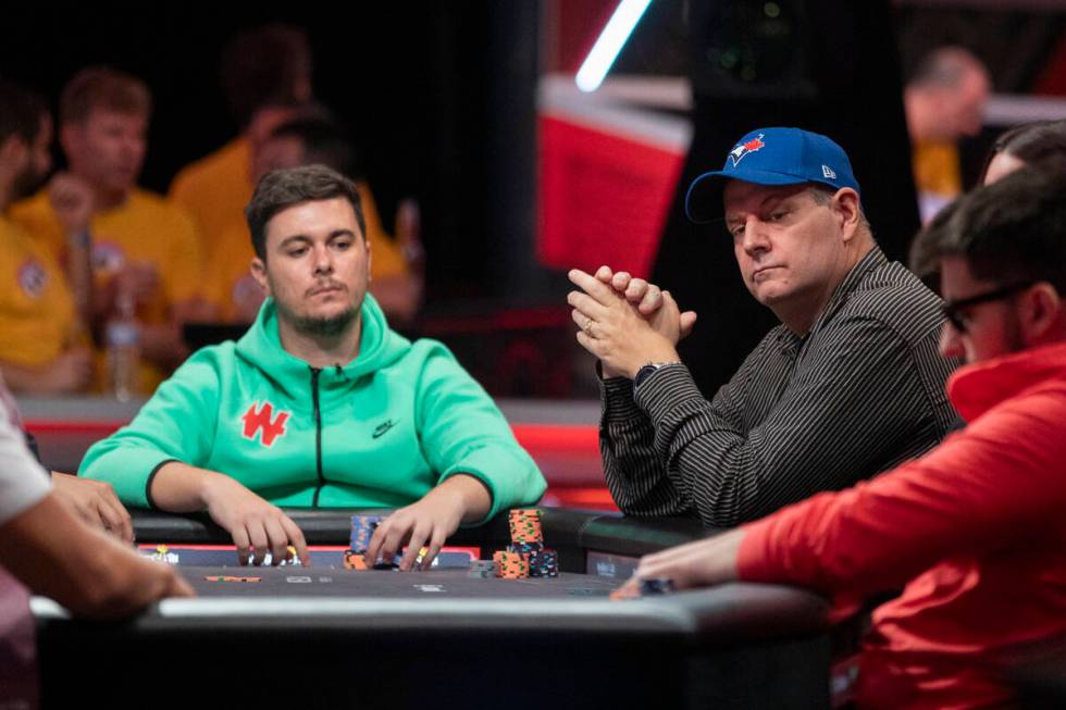 Andres Gonzalez, left, and Jason Sagle, right, compete in the final table of the World Series o ...