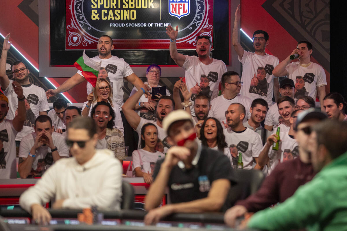 Boris Angelov’s family and friends cheer during the final table of the World Series of P ...