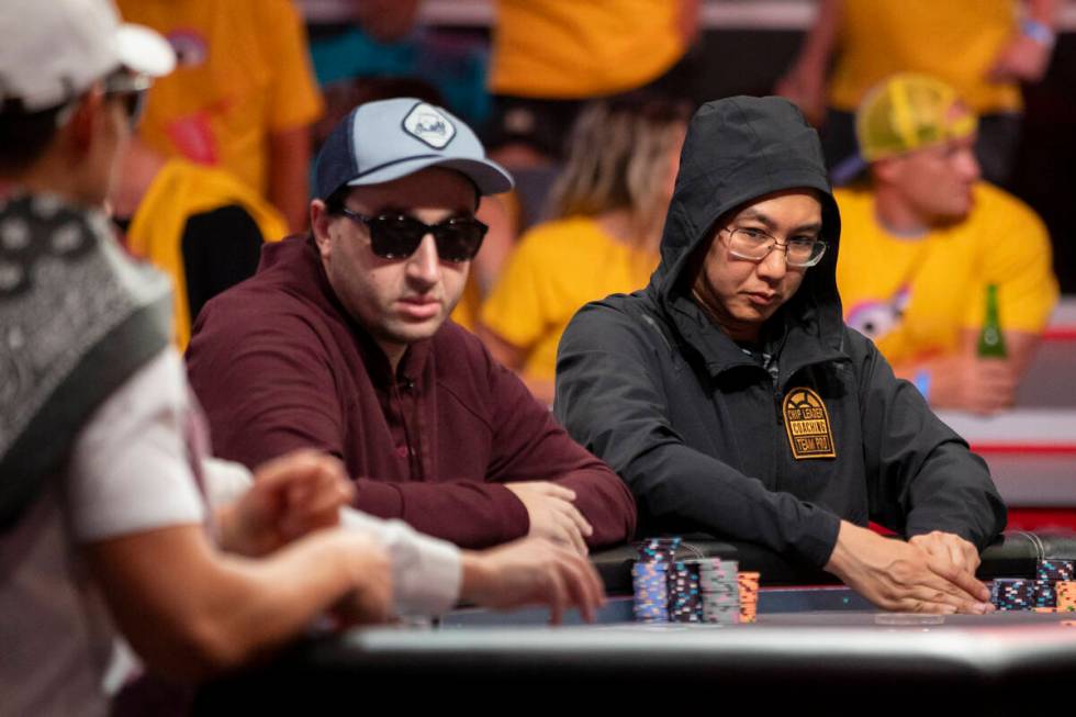Jordan Griff, left, and Jonathan Tamayo, right, compete in the final table of the World Series ...