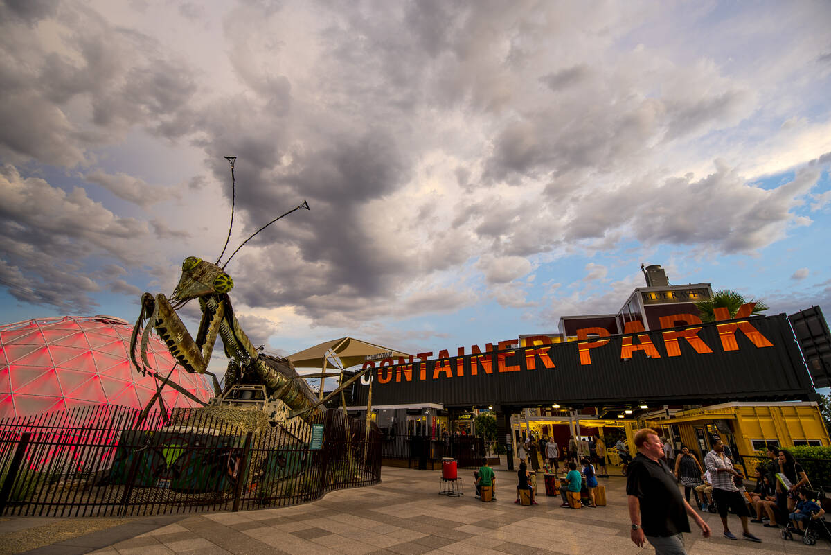 The fire-shooting preying mantis sits out front of Container Park in downtown Las Vegas on Wedn ...