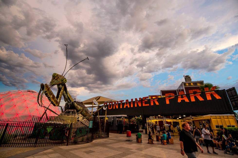 The fire-shooting preying mantis sits out front of Container Park in downtown Las Vegas on Wedn ...