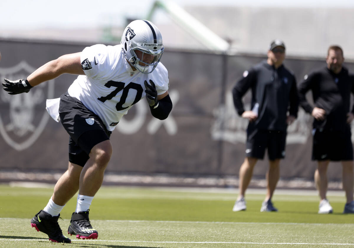 Raiders rookie guard Jackson Powers-Johnson (70) runs during rookies first day of practice at t ...