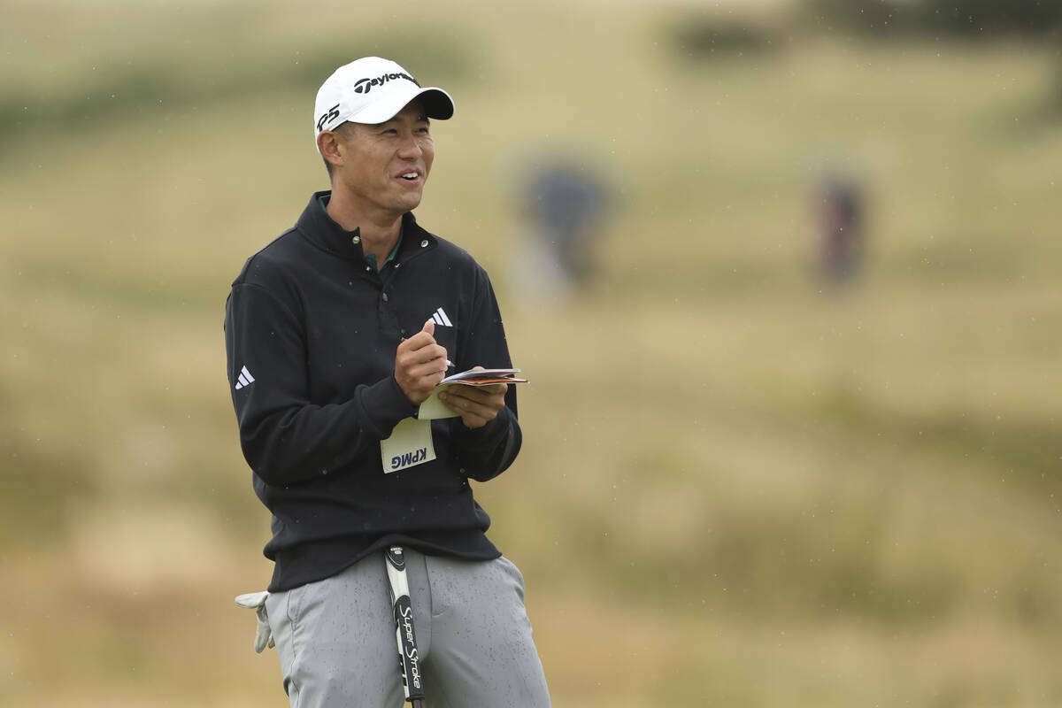 Collin Morikawa of the United States reacts during a practice round ahead of the British Open G ...