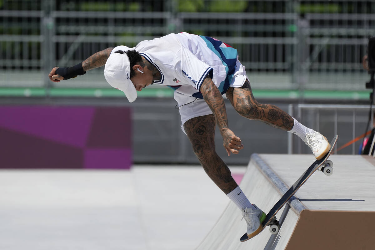 Nyjah Huston of the United States competes in men's street skateboarding at the 2020 Summer Oly ...