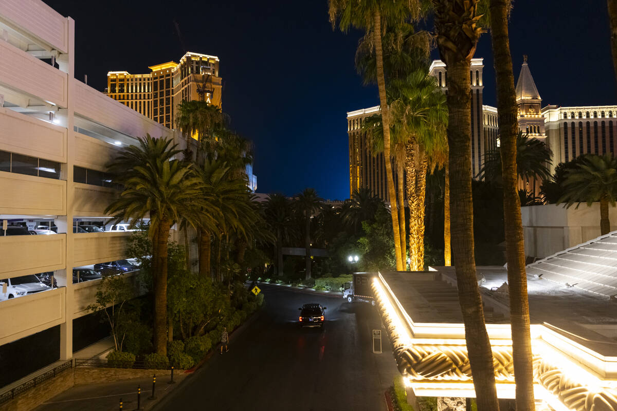 A vehicle drives off during the final night of operations and gaming at The Mirage in the early ...