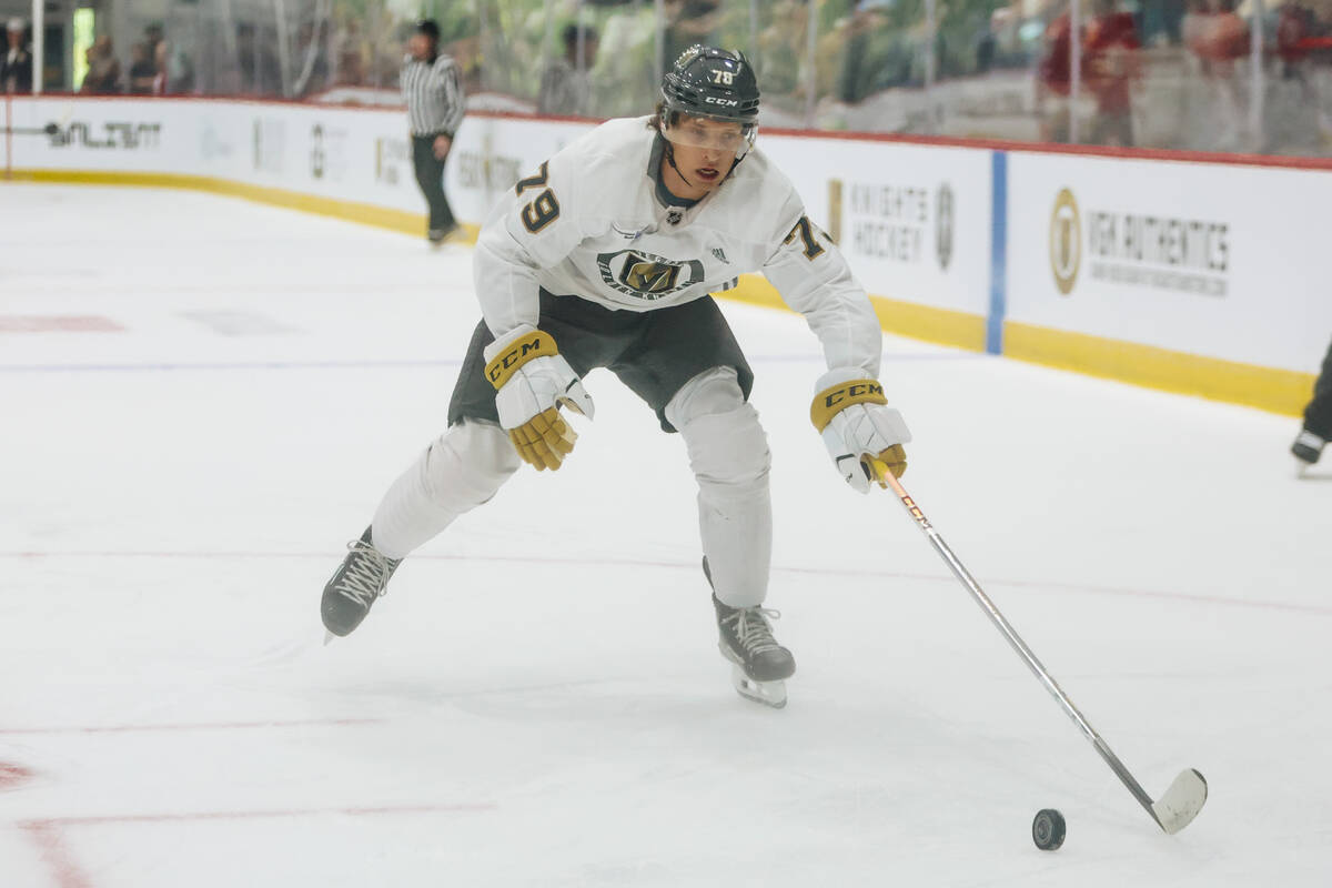 Golden Knights development camp defenseman Jozef Viliam Kmec (79) rushes the puck down the ice ...