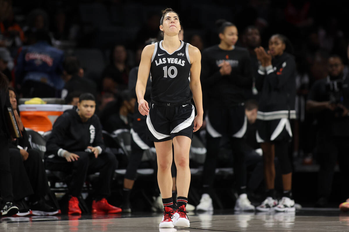 Las Vegas Aces guard Kelsey Plum reacts after missing a three-point basket during the second ha ...