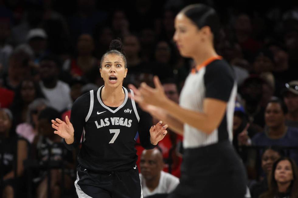 Las Vegas Aces forward Alysha Clark (7) reacts to a referee’s call during the first half ...